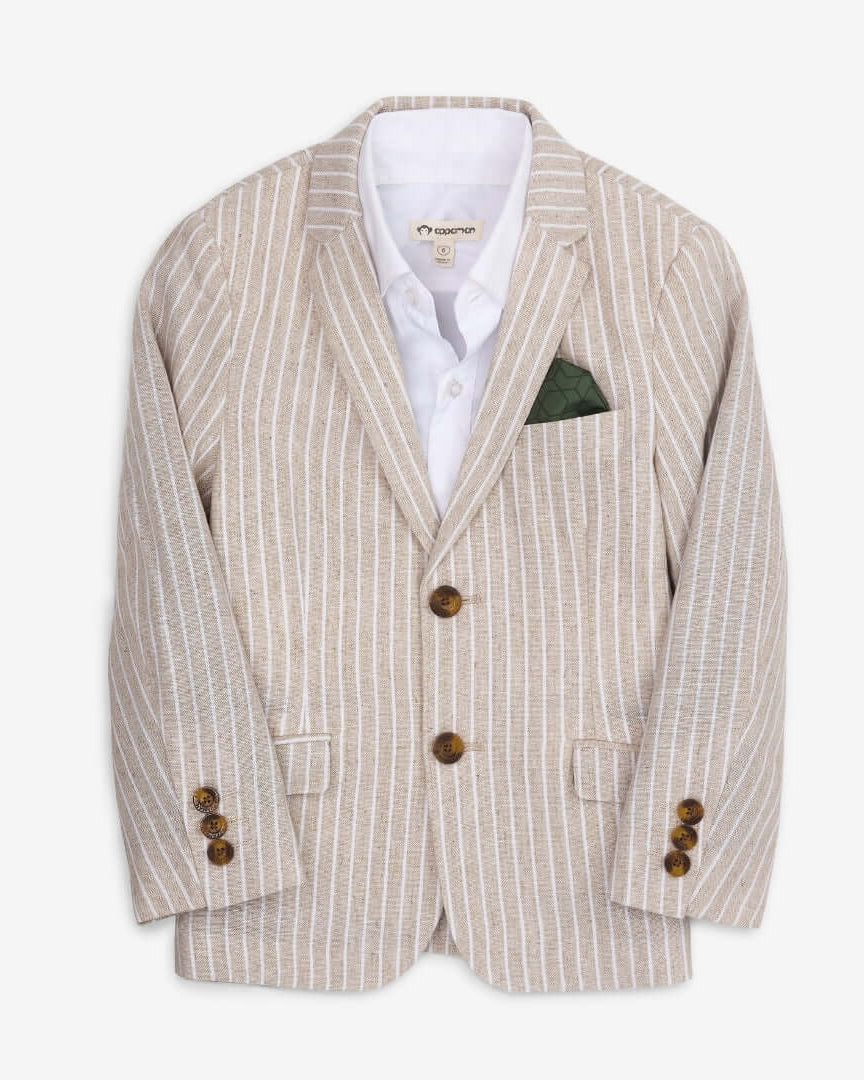 Stylish linen blazer in sand stripes for boys and girls, perfect for summer gatherings and back-to-school fun!