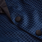 Navy Geo Velvet Tuxedo Jacket close-up, showcasing luxe velvet fabric and tailored buttons for stylish kids' outfits.