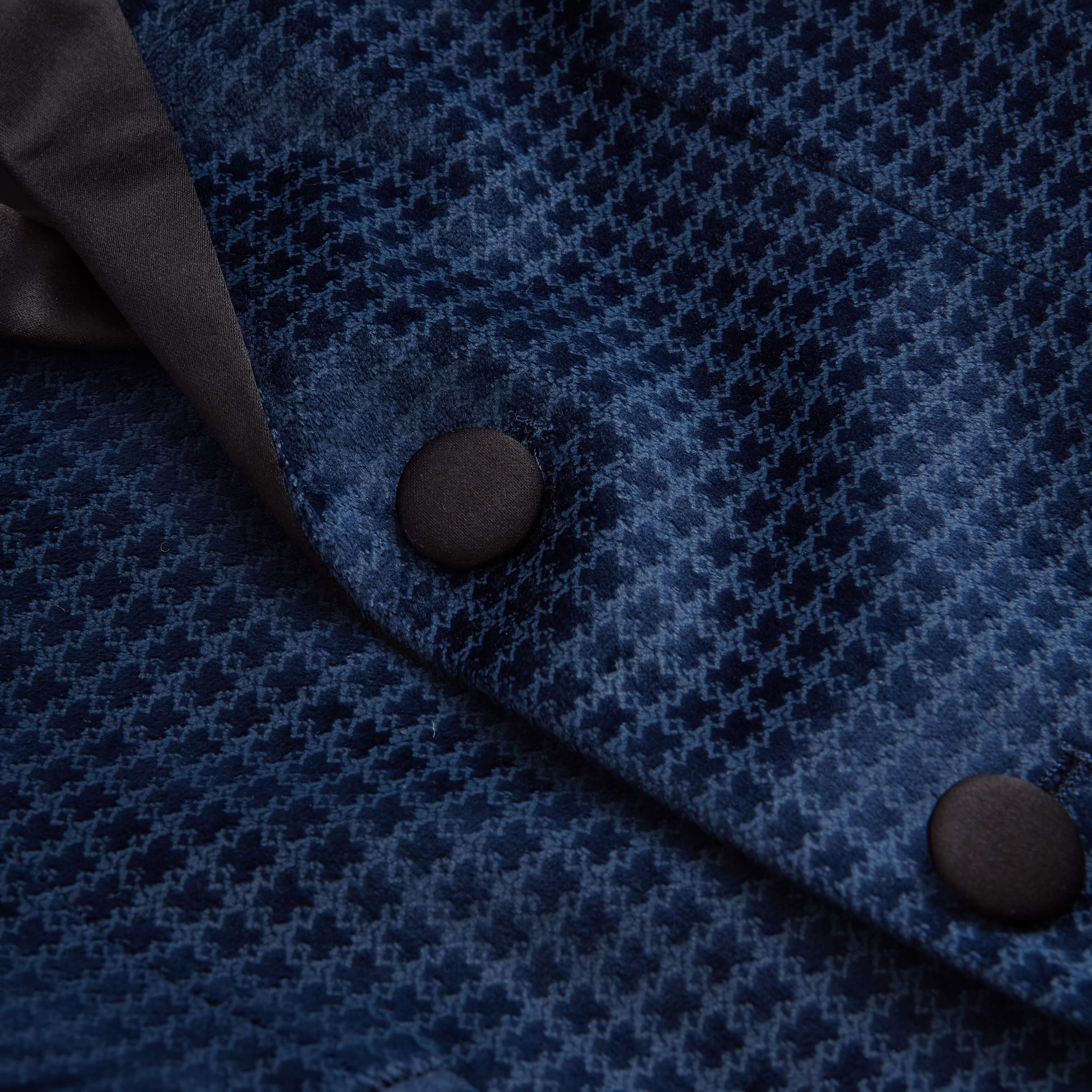 Navy Geo Velvet Tuxedo Jacket close-up, showcasing luxe velvet fabric and tailored buttons for stylish kids' outfits.