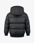 Back view of a Kids Black Puffy Coat with hood and puffy design, ideal for warmth and style.