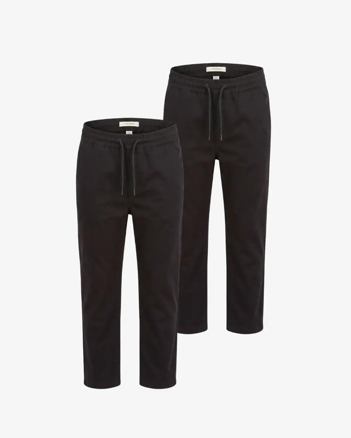 Two pairs of black drawstring sweatpants shown on a plain light gray background, with one pair in front and one pair behind.