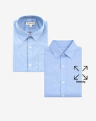 Light blue dress shirt with stretch feature indicated on a white background