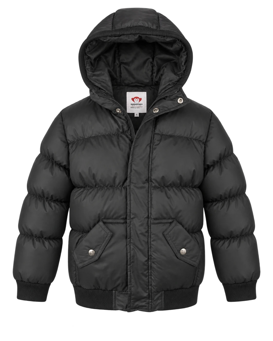 Appaman boys' black hooded puffer bomber jacket, front view.