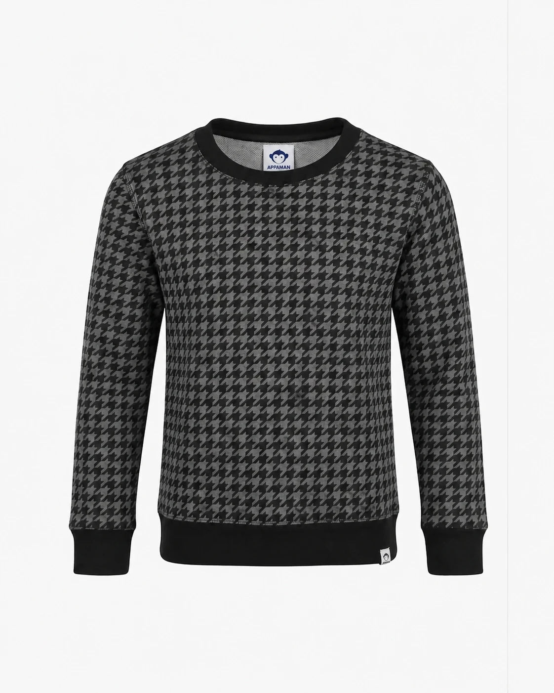 Appaman boys' black houndstooth crewneck sweatshirt, front view.