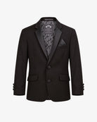 Appaman boys' black satin lapel tuxedo blazer, front view.