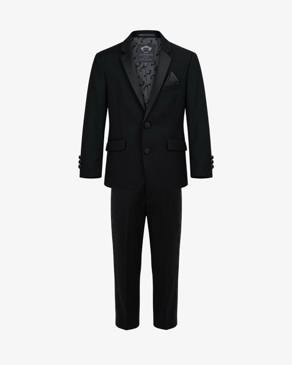 Appaman boys' black satin lapel tuxedo two piece set.