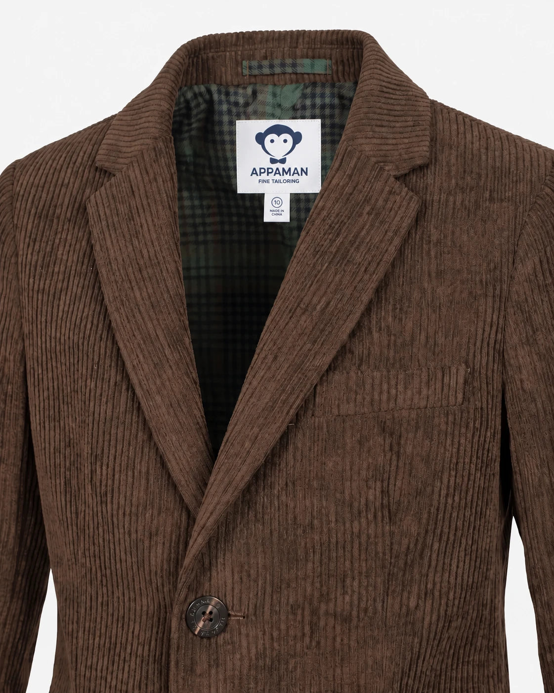 Appaman boys' brown corduroy blazer, close-up of plaid lining and collar detail.