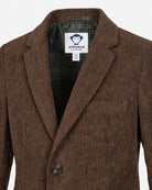 Appaman boys' brown corduroy blazer, close-up of plaid lining and collar detail.