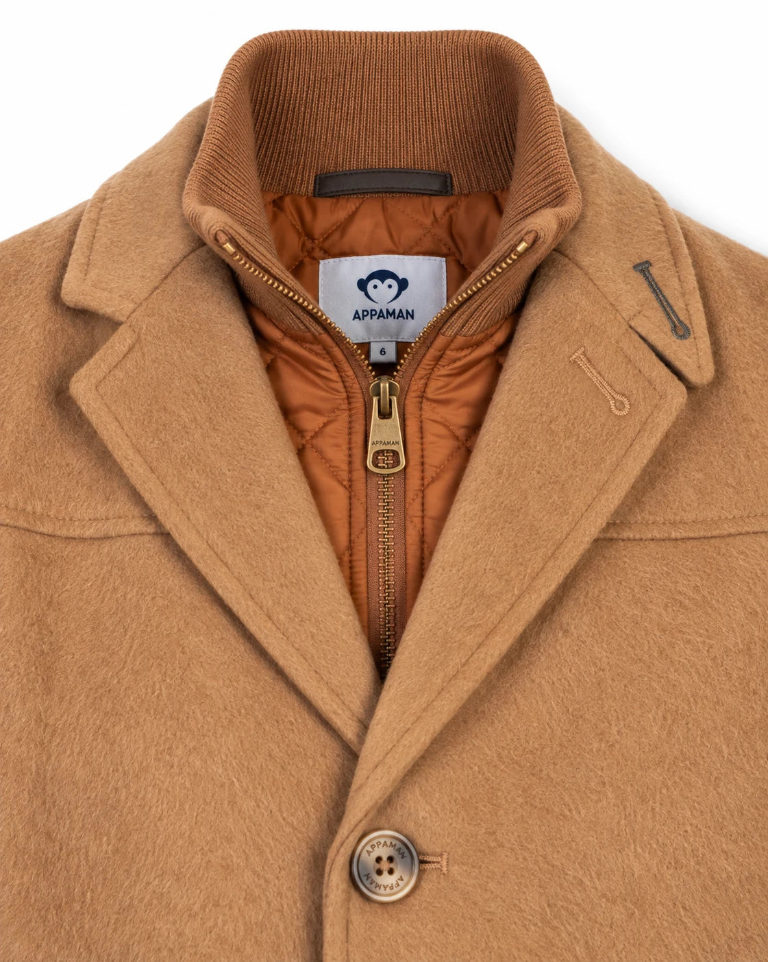 Appaman boys' camel wool coat, close-up of collar with zip and button detail.