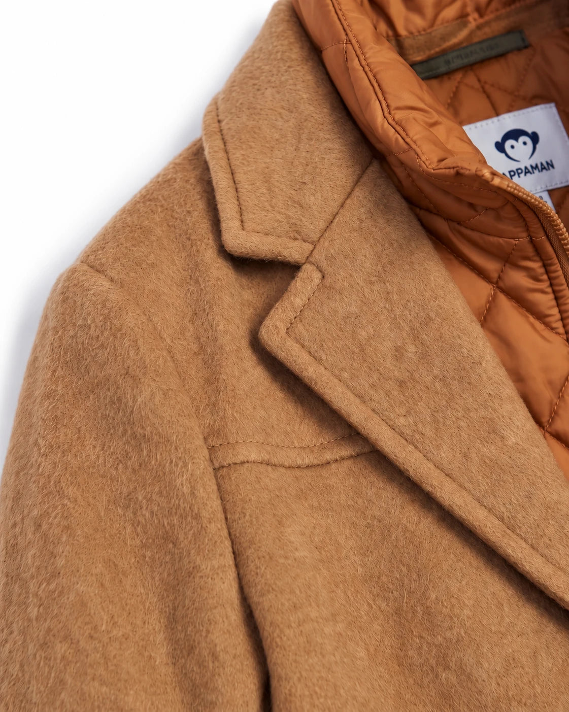 Appaman boys' camel wool coat, close-up of lapel detail with zip-in liner.