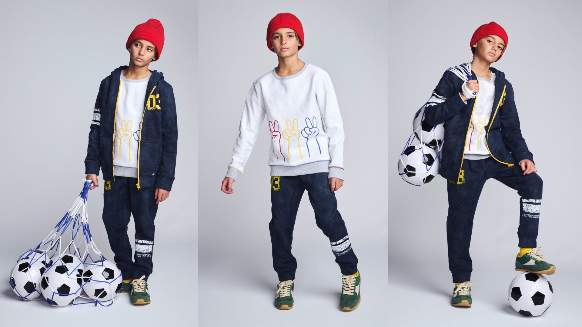 Three poses of a person wearing a navy tracksuit with colorful accents, red beanie, and various sports equipment on a gray background.