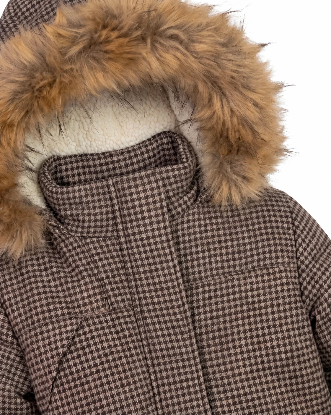 Appaman boys' houndstooth parka jacket with faux fur hood, close-up collar detail.