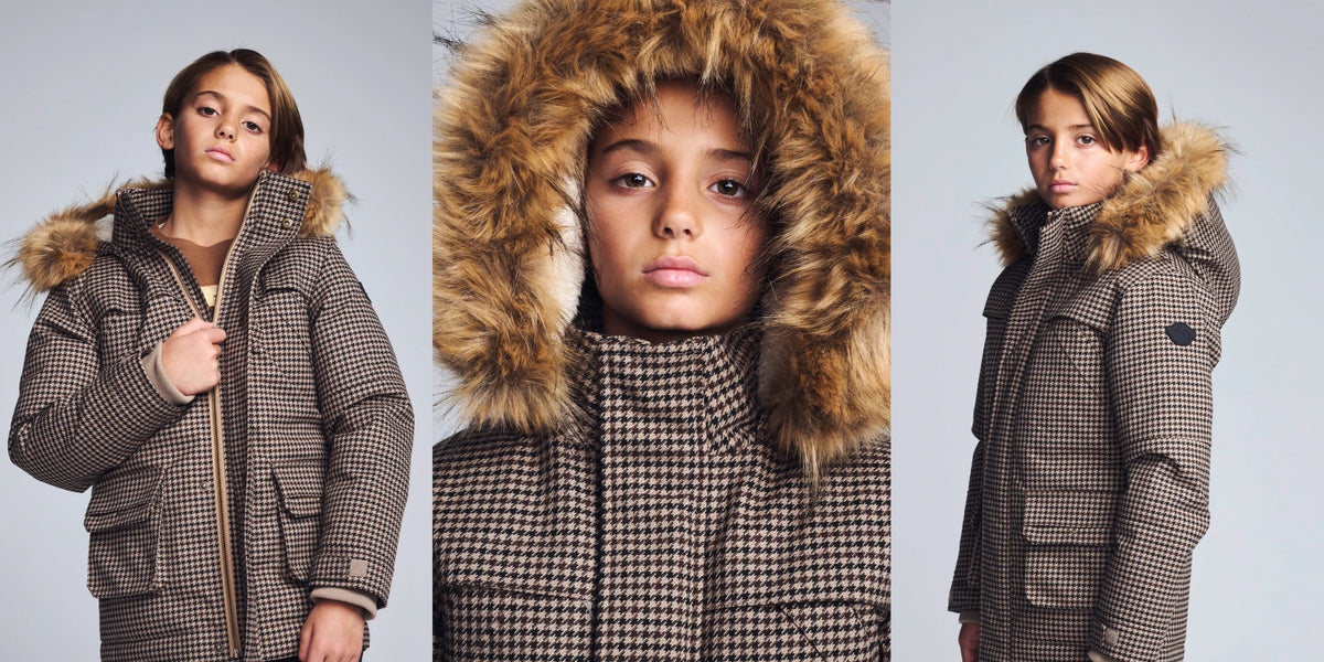 A three-panel fashion photo showing a child model wearing a brown and beige houndstooth winter parka with a large tan faux-fur hood trim, posed against a light gray studio background.