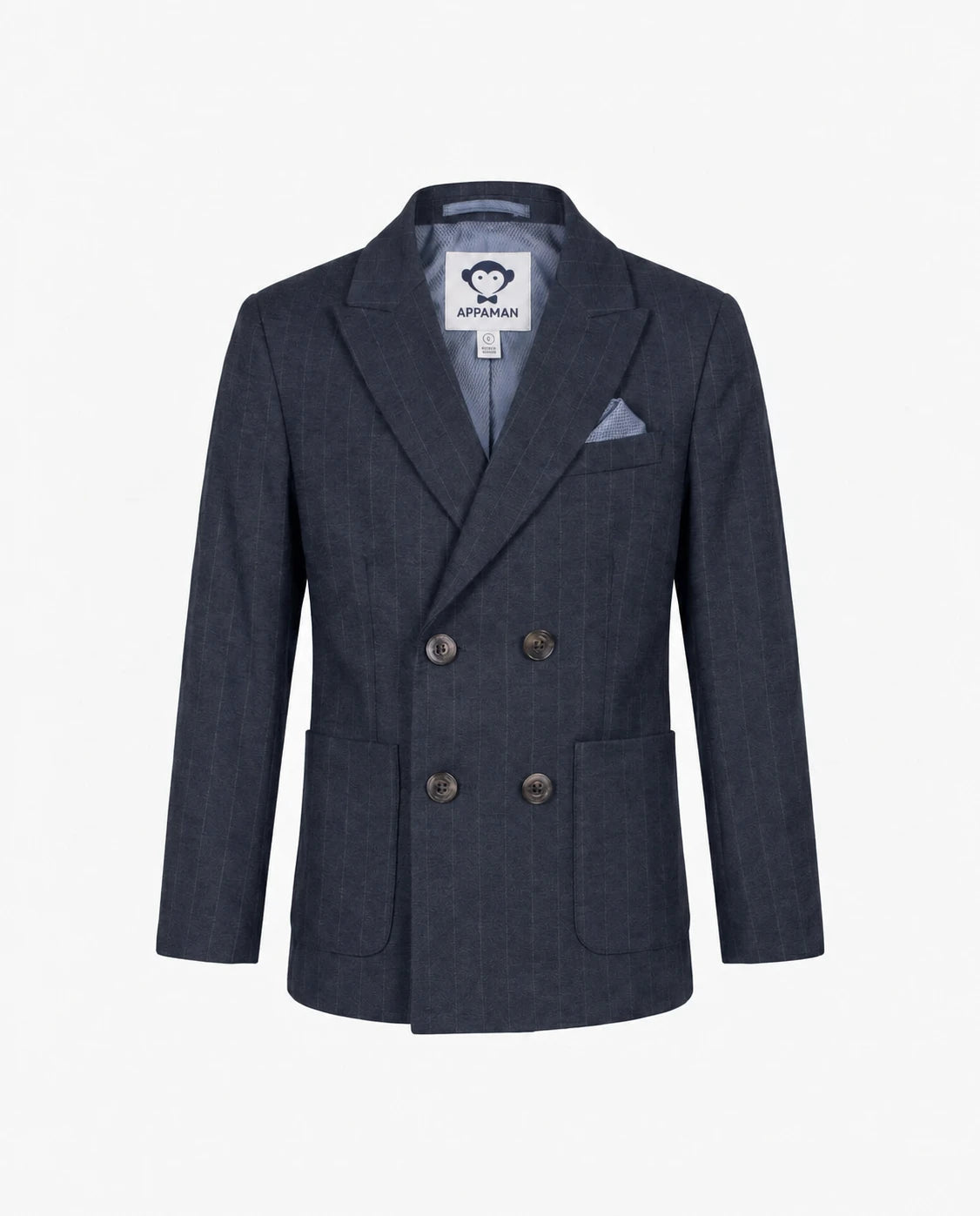 Appaman boys' navy pinstripe double breasted blazer, front view.
