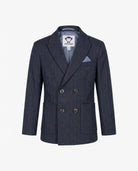 Appaman boys' navy pinstripe double breasted blazer, front view.