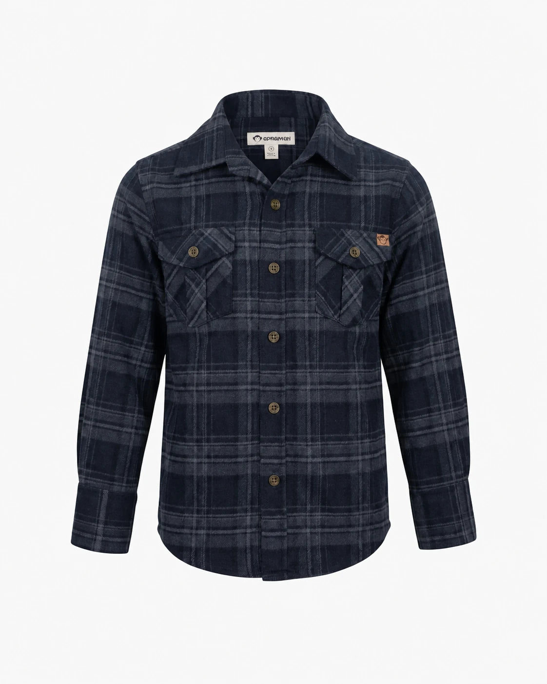 Appaman boys' navy plaid flannel shirt, front view.