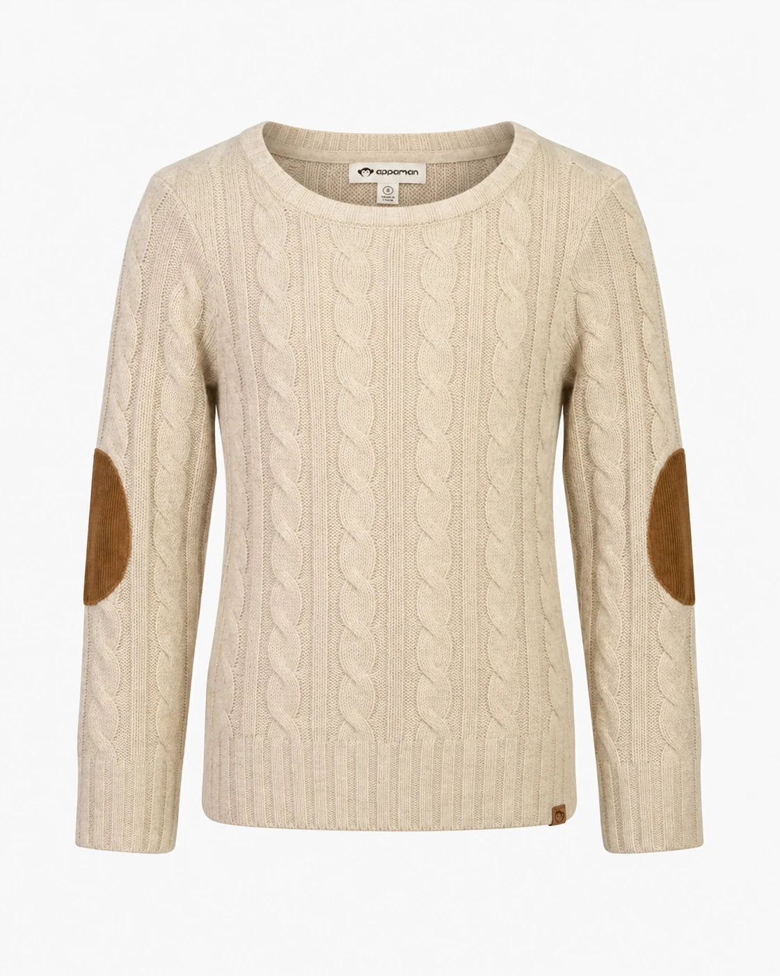 Appaman boys' oatmeal cable knit elbow patch sweater, front view.