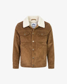 Appaman boys' tan corduroy sherpa collar trucker jacket, front view.