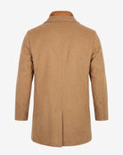 A tan wool-blend blazer shown from the back, featuring a clean collar, long sleeves, and a straight silhouette against a light gray background.