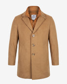 A camel brown wool-blend coat with a structured collar, three front buttons, and side pockets, shown on a light gray background.