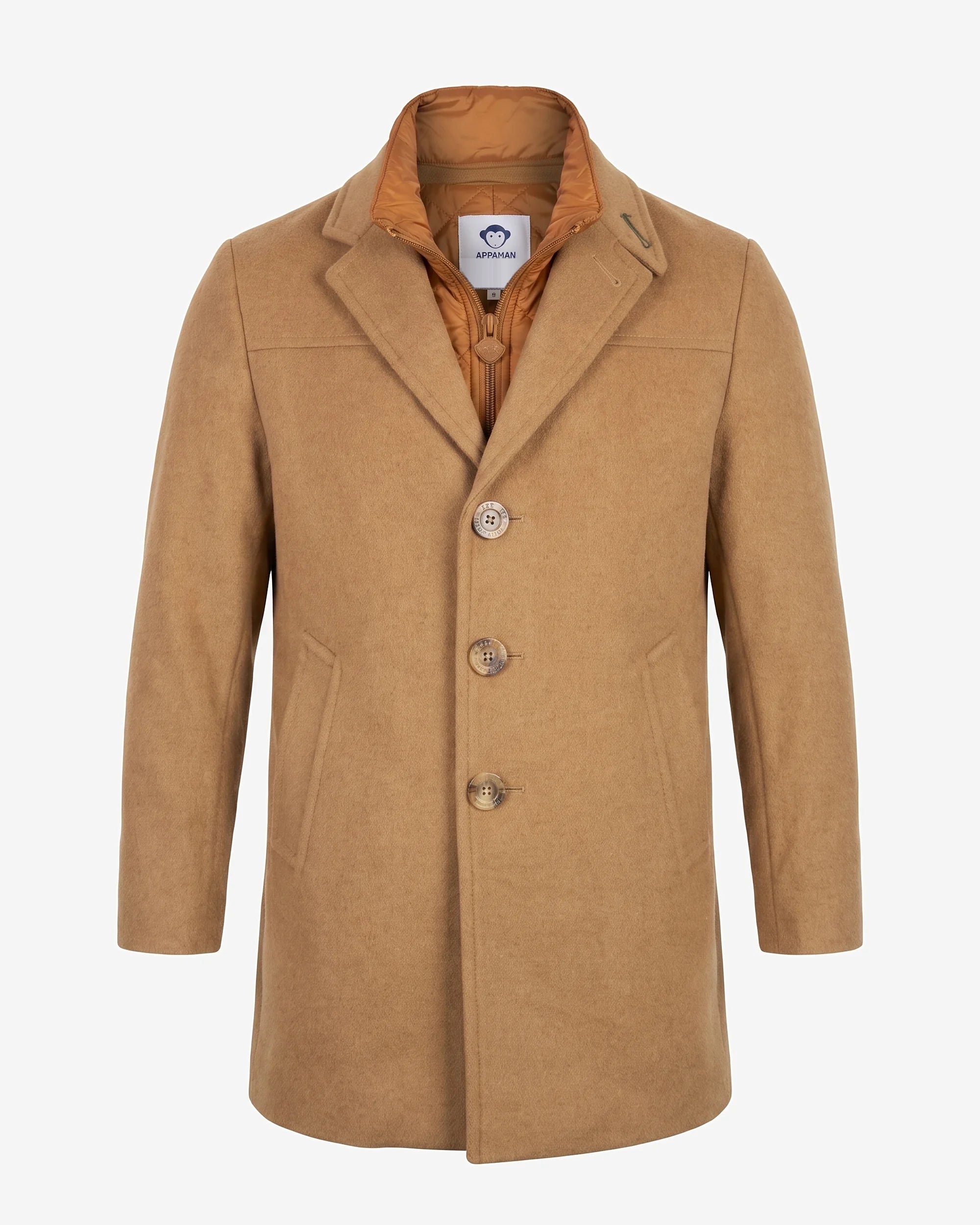 A camel brown wool-blend coat with a structured collar, three front buttons, and side pockets, shown on a light gray background.