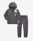 Washed Grey Lightning Bolt Sweat Set for kids, featuring a zip-up hoodie and jogger pants with bold lightning designs.