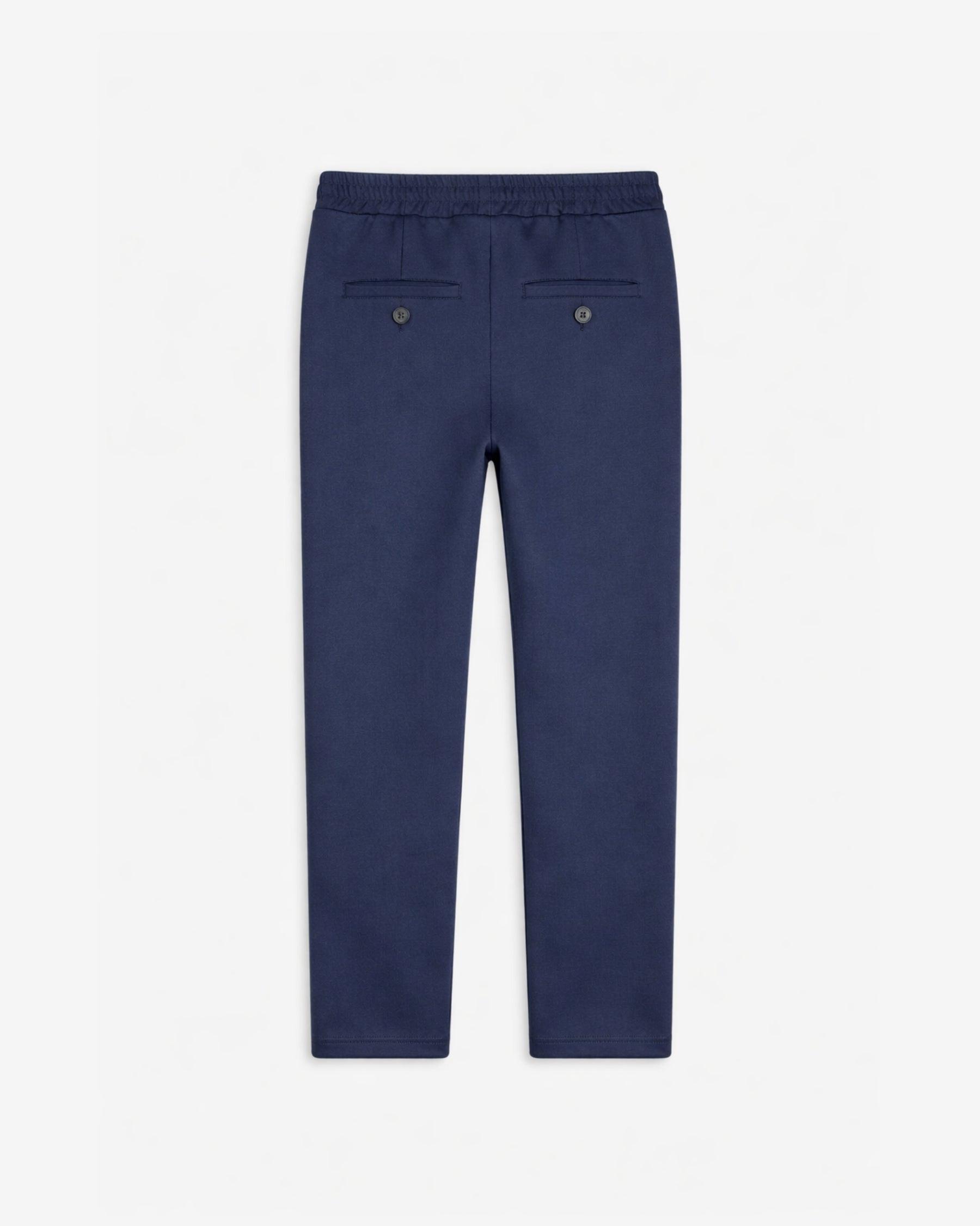 Back view of Navy Blue Everyday Stretch Pants with pockets and elastic waistband.