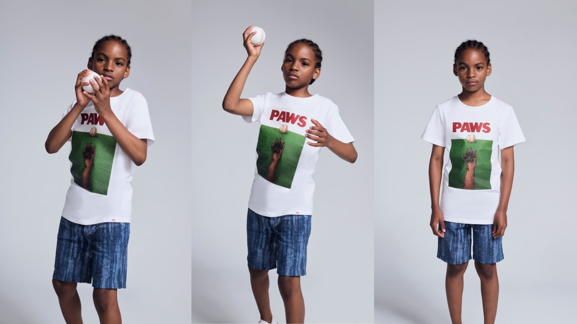 Three images of a child wearing a 'PAWS' t-shirt with a graphic of a dog and a ball, holding a baseball.