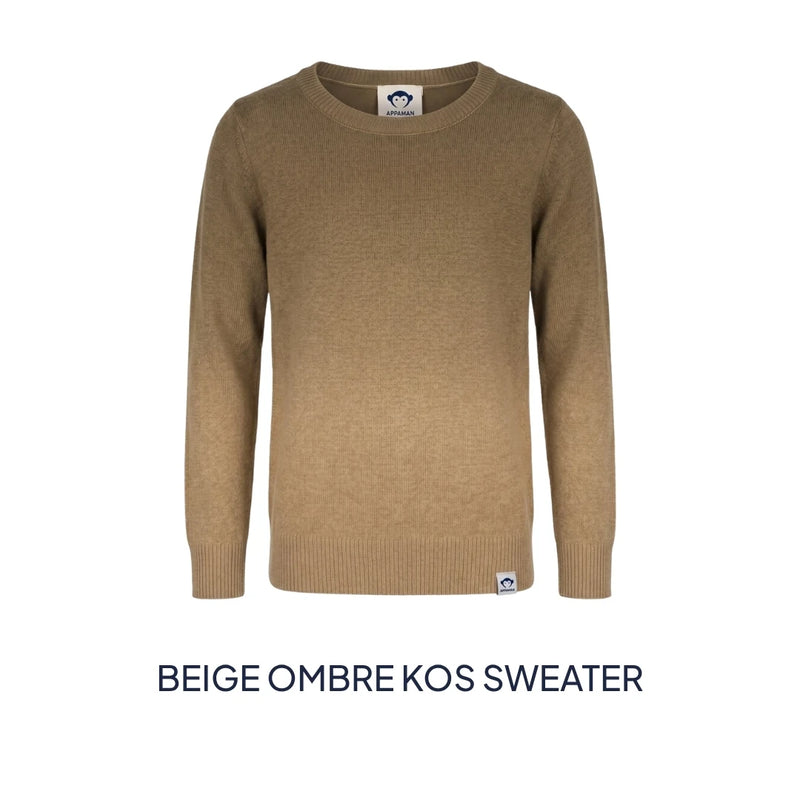 A beige ombre knit sweater displayed on a white background with the text 'BEIGE OMBRE KOS SWEATER' underneath.