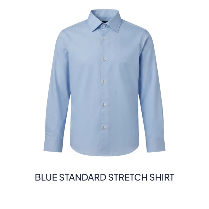 A light blue long-sleeve button-up shirt shown on a plain white background, with the text 'BLUE STANDARD STRETCH SHIRT' below it.