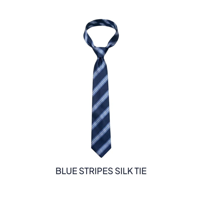 A blue and white striped silk tie, knotted in a standard knot, displayed on a clean white background with the text 'BLUE STRIPES SILK TIE' underneath.