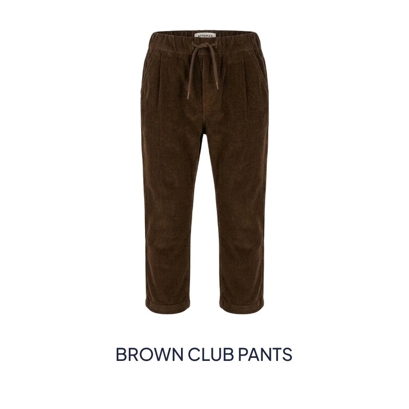 A pair of brown corduroy club pants with an elastic waistband and drawstring, shown against a plain white background with the text 'BROWN CLUB PANTS' underneath.