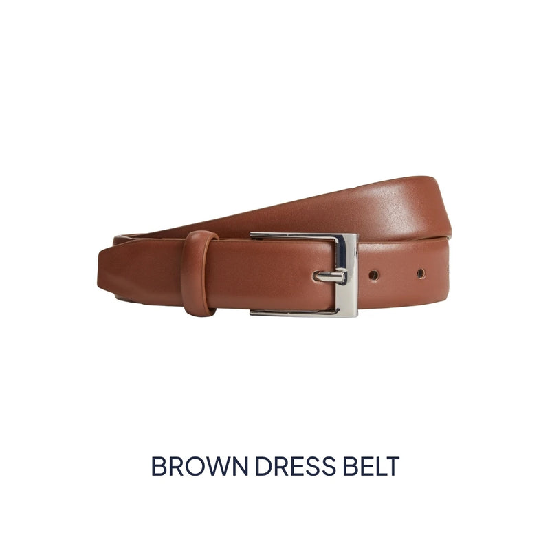 A brown leather dress belt with a silver-tone metal buckle, shown coiled on a white background with the text 'BROWN DRESS BELT' underneath.