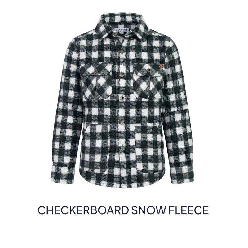 A long-sleeve button-front fleece shirt jacket with a black and white checkerboard pattern, shown on a white background with the text 'CHECKERBOARD SNOW FLEECE' underneath.