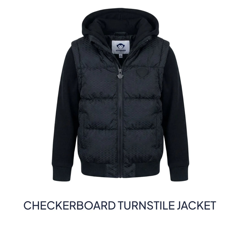 A black hooded jacket with a quilted puffer front and subtle checkerboard pattern, shown on a white background with the text 'CHECKERBOARD TURNSTILE JACKET' below.