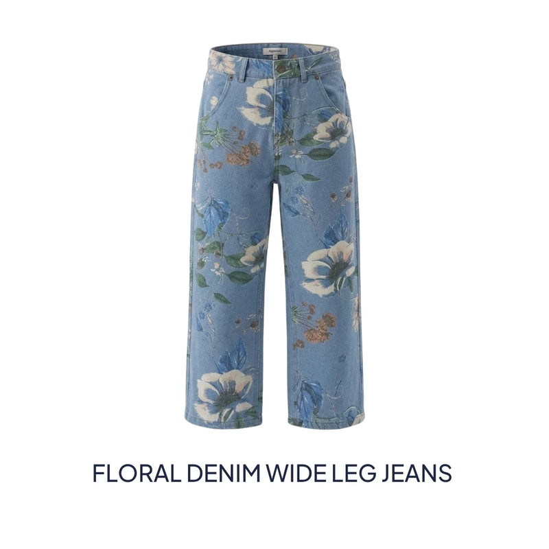 Light blue floral denim wide leg jeans displayed on a clean white background with text below reading 'FLORAL DENIM WIDE LEG JEANS'.