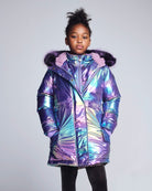 Child wearing a colorful, iridescent puffer jacket with pink fur trim on a gray background