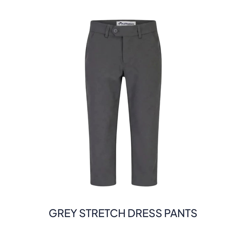 A pair of grey stretch dress pants shown flat against a white background, with the text 'GREY STRETCH DRESS PANTS' underneath.