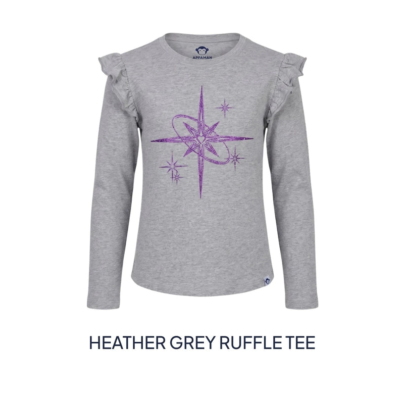 A heather grey long-sleeve t-shirt with ruffled shoulders and a purple compass star graphic on the front, shown against a white background with the text 'HEATHER GREY RUFFLE TEE' underneath.