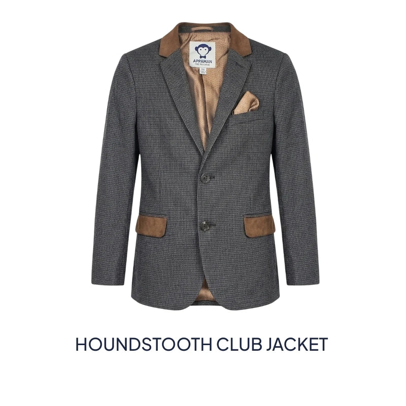 A men's houndstooth club jacket in gray with brown suede-like lapels, pocket flaps, and a matching pocket square, shown on a white background with the text 'HOUNDSTOOTH CLUB JACKET' below.