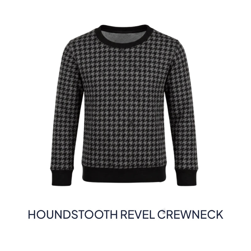 A long-sleeve crewneck sweater with a black and gray houndstooth pattern, featuring solid black ribbed trim at the collar, cuffs, and hem. The text 'HOUNDSTOOTH REVEL CREWNECK' is displayed below the product on a plain white background.