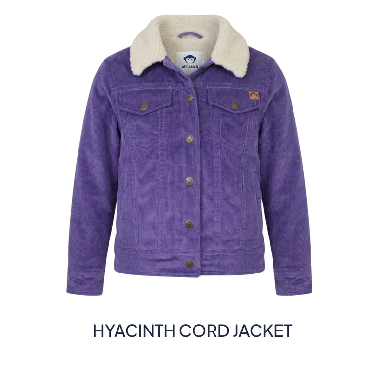 A purple corduroy jacket with a cream sherpa collar, shown against a plain white background with the text 'HYACINTH CORD JACKET' underneath.