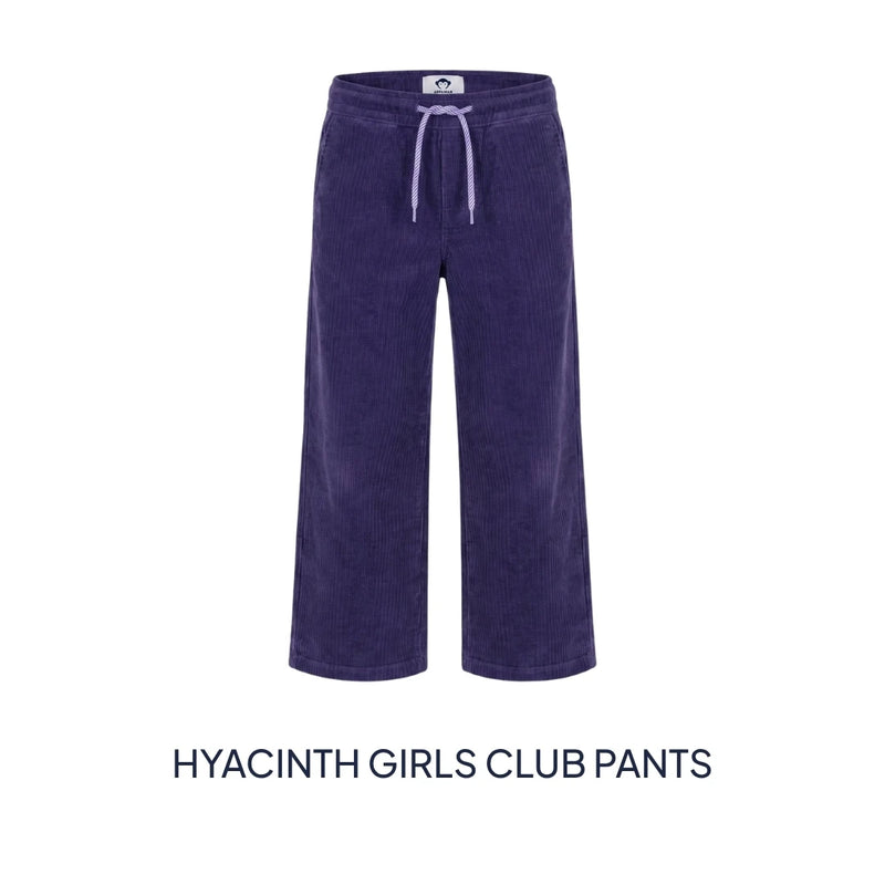 Purple corduroy club pants with a drawstring waist, shown flat on a white background with the text 'HYACINTH GIRLS CLUB PANTS' underneath.
