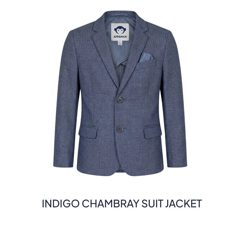 A blue chambray suit jacket with a subtle textured weave, featuring notch lapels, two front buttons, flap pockets, and a matching pocket square. The brand label inside the collar reads 'LAPINARI'.