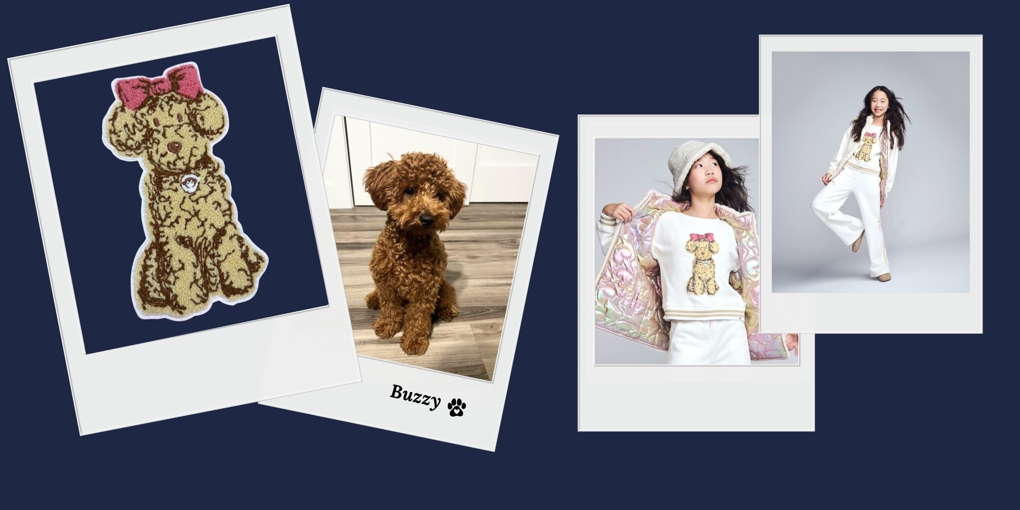 Collage of images including a plush toy dog, a real dog, and people with dogs on a dark blue background.