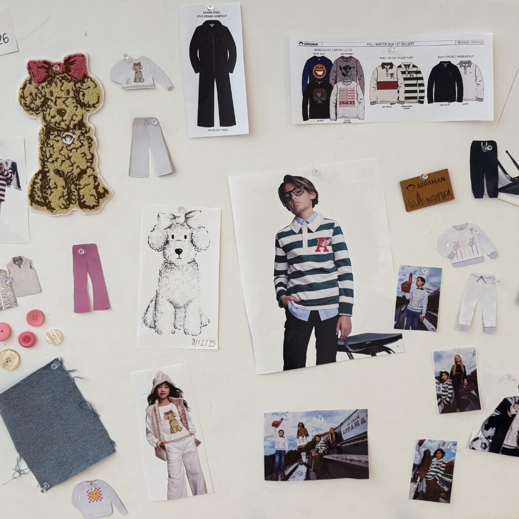 Collection of fashion design elements and images on a white background