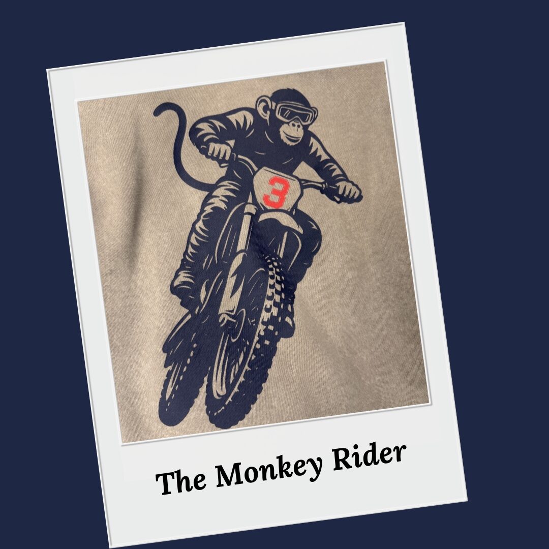 Illustration of a monkey riding a motorcycle with the number 3 on a textured background, titled 'The Monkey Rider'.