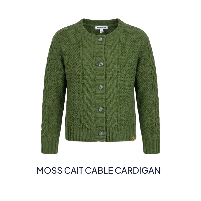 An olive green cable-knit cardigan sweater with a button-up front, shown on a plain white background with the text 'MOSS CAIT CABLE CARDIGAN' underneath.
