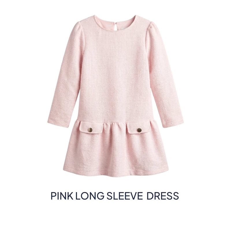A light pink textured long-sleeve dress for toddlers, featuring a round neckline, a flared skirt, and two front patch pockets with decorative buttons. The image is presented on a clean white background with the text 'PINK LONG SLEEVE DRESS' printed below.