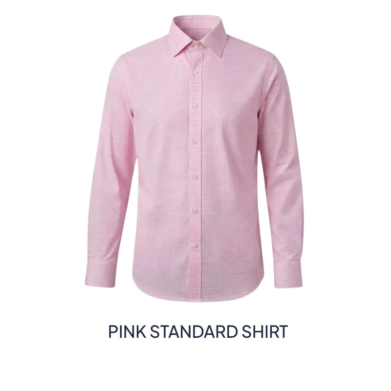 A light pink long-sleeve button-up shirt displayed on a white background with the text 'PINK STANDARD SHIRT' underneath.